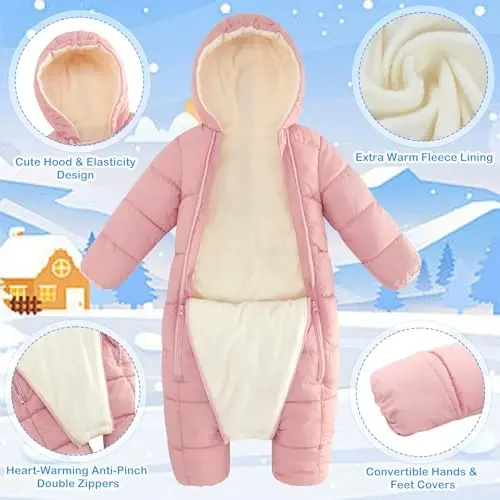 uideazone Baby Girls Boys Snowsuit Toddler Warm Hooded Snow Suit Infant Double Zipper Romper One Piece Puffer Coat 3-24M - 5