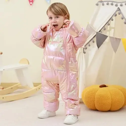 uideazone Baby Girls Boys Snowsuit Toddler Warm Hooded Snow Suit Infant Double Zipper Romper One Piece Puffer Coat 3-24M - 2