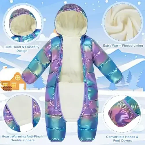 uideazone Baby Girls Boys Snowsuit Toddler Warm Hooded Snow Suit Infant Double Zipper Romper One Piece Puffer Coat 3-24M - 5
