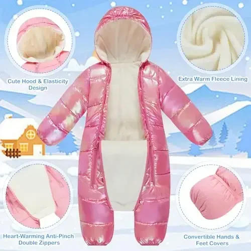 uideazone Baby Girls Snowsuit Infant Warm Hooded Jumpsuit Newborn Winter One-Piece Puffer Coat Toddler Clothes 3-24M - 5