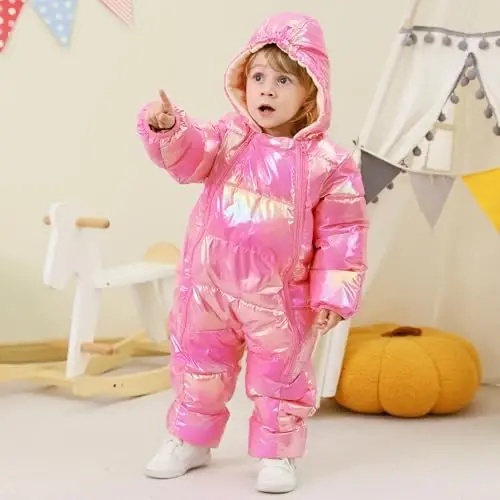 uideazone Baby Girls Boys Snowsuit Toddler Warm Hooded Snow Suit Infant Double Zipper Romper One Piece Puffer Coat 3-24M - 2