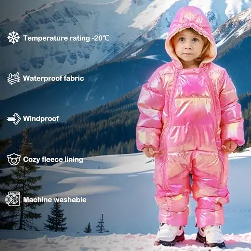 uideazone Baby Girls Boys Snowsuit Toddler Warm Hooded Snow Suit Infant Double Zipper Romper One Piece Puffer Coat 3-24M - 6