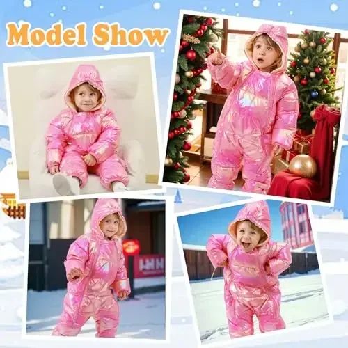 uideazone Baby Girls Boys Snowsuit Toddler Warm Hooded Snow Suit Infant Double Zipper Romper One Piece Puffer Coat 3-24M - 4