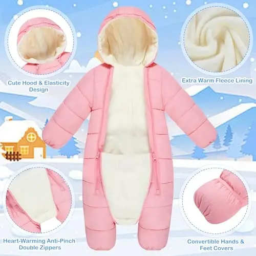 uideazone Baby Girls Boys Snowsuit Toddler Warm Hooded Snow Suit Infant Double Zipper Romper One Piece Puffer Coat 3-24M - 5