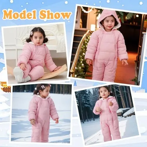 uideazone Baby Girls Boys Snowsuit Toddler Warm Hooded Snow Suit Infant Double Zipper Romper One Piece Puffer Coat 3-24M - 4