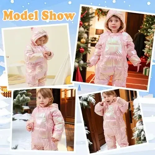 uideazone Baby Girls Boys Snowsuit Toddler Warm Hooded Snow Suit Infant Double Zipper Romper One Piece Puffer Coat 3-24M - 5