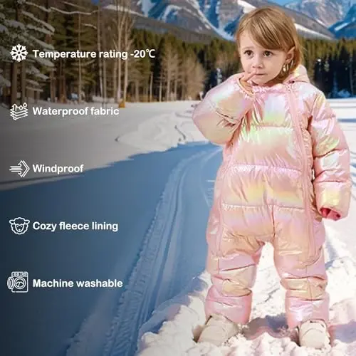 uideazone Baby Girls Boys Snowsuit Toddler Warm Hooded Snow Suit Infant Double Zipper Romper One Piece Puffer Coat 3-24M - 6
