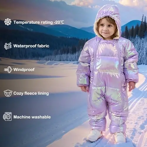 uideazone Baby Girls Boys Snowsuit Toddler Warm Hooded Snow Suit Infant Double Zipper Romper One Piece Puffer Coat 3-24M - 6