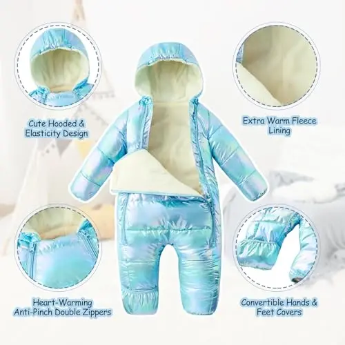 uideazone Baby Girls Boys Snowsuit Toddler Warm Hooded Snow Suit Infant Double Zipper Romper One Piece Puffer Coat 3-24M - 6