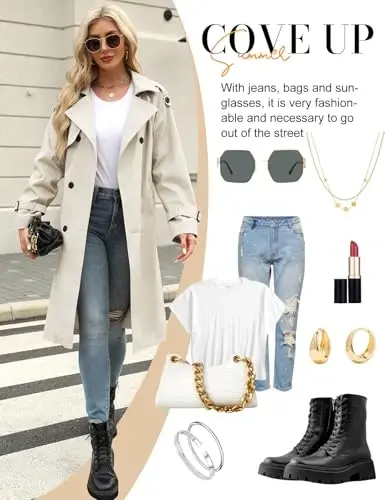 Uikue плащ аёллар қўш кўкракли шамол ўтказмайдиган классик этакли камарли узун устки кийим пальто камар билан - 5