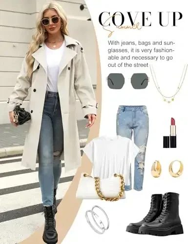 Uikue плащ аёллар қўш кўкракли шамолга чидамли классик ёқали камарли узун кийим-бош пальто камар билан - 5