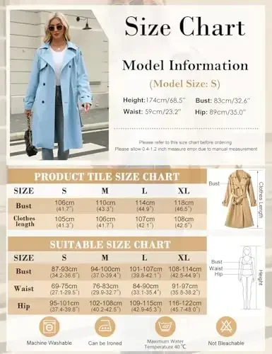 Uikue Trench Coat Women Double Breasted Windproof Classic Lapel Belted Long Outerwear Overcoat with Belt - 6