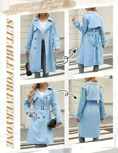 Uikue Trench Coat Women Double Breasted Windproof Classic Lapel Belted Long Outerwear Overcoat with Belt - 3