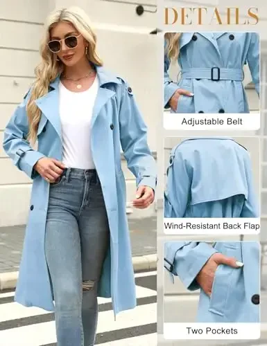 Uikue Trench Coat Women Double Breasted Windproof Classic Lapel Belted Long Outerwear Overcoat with Belt - 4