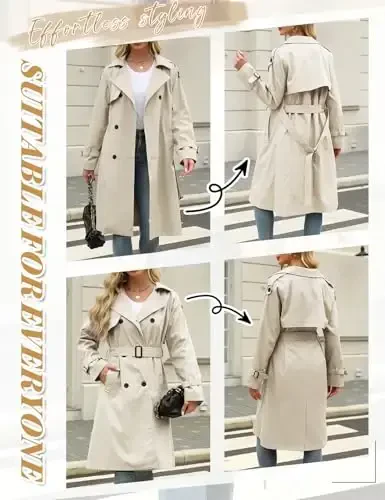 Uikue Trench Coat Women Double Breasted Windproof Classic Lapel Belted Long Outerwear Overcoat with Belt - 3