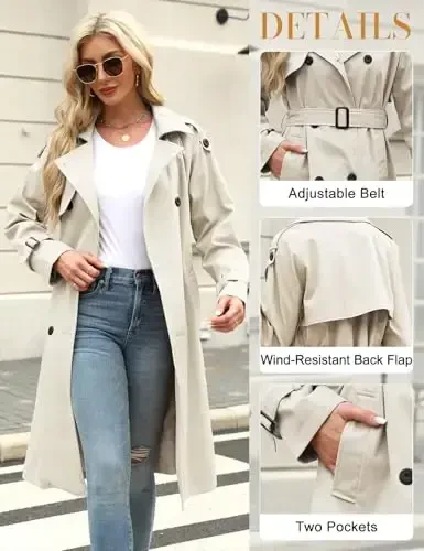 Uikue Trench Coat Women Double Breasted Windproof Classic Lapel Belted Long Outerwear Overcoat with Belt - 4