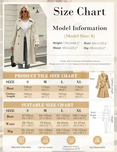 Uikue Trench Coat Women Double Breasted Windproof Classic Lapel Belted Long Outerwear Overcoat with Belt - 6