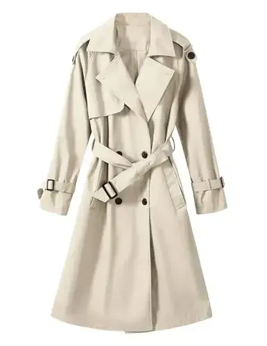 Uikue Trench Coat Women Double Breasted Windproof Classic Lapel Belted Long Outerwear Overcoat with Belt 