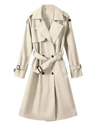 Uikue Trench Coat Women Double Breasted Windproof Classic Lapel Belted Long Outerwear Overcoat with Belt - 1