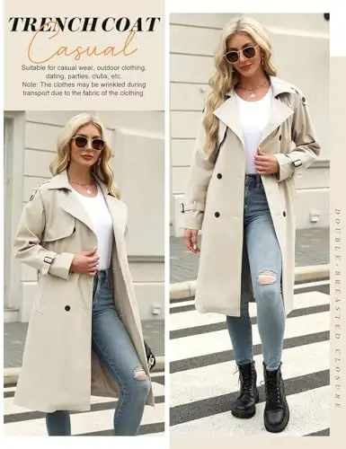 Uikue Trench Coat Women Double Breasted Windproof Classic Lapel Belted Long Outerwear Overcoat with Belt - 2