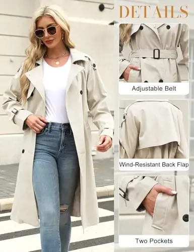 Uikue Trench Coat Women Double Breasted Windproof Classic Lapel Belted Long Outerwear Overcoat with Belt - 4