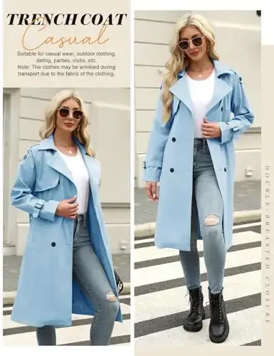 Uikue Trench Coat Women Double Breasted Windproof Classic Lapel Belted Long Outerwear Overcoat with Belt - 2