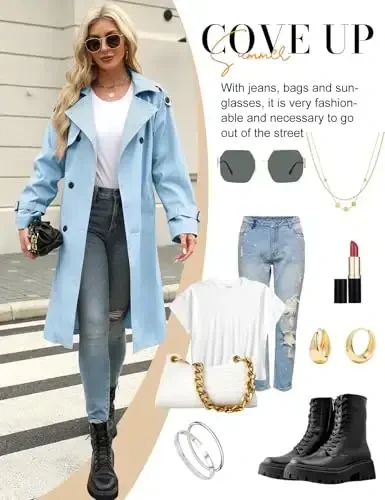 Uikue Trench Coat Women Double Breasted Windproof Classic Lapel Belted Long Outerwear Overcoat with Belt - 5