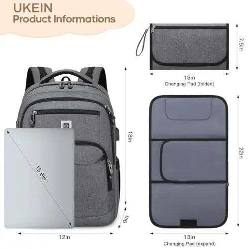 UKEIN Diaper Bag Backpack, Multi function Baby Bag with Portable Changing Pad, Pacifier Holder,Diaper Bags with USB Charging Port,Perfect Baby Shower Gifts for Mom, Dad, Newborn - UKEIN (1)