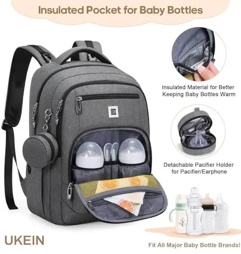 UKEIN Diaper Bag Backpack, Multi function Baby Bag with Portable Changing Pad, Pacifier Holder,Diaper Bags with USB Charging Port,Perfect Baby Shower Gifts for Mom, Dad, Newborn - 3