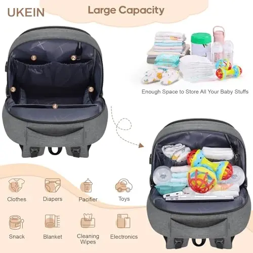 UKEIN Diaper Bag Backpack, Multi function Baby Bag with Portable Changing Pad, Pacifier Holder,Diaper Bags with USB Charging Port,Perfect Baby Shower Gifts for Mom, Dad, Newborn - 4
