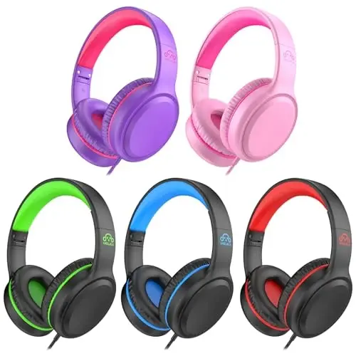 UKELALA 5Pack Bulk Wired Headphones for Kids Stereo Lightweight Youth Headphones with 4.9 ft NO-Tangle Cord & 3.5mm Jack Compatible with chromebooks PC Phone for School Green Blue Red Pink Purple - UKELALA