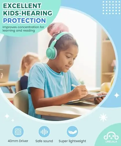 UKELALA C3 Kids Headphones Wired, On-Ear Wired Head Phones for Boys Girls with 3.5mm Jack, Foldable, Adjustable Headband, Child Headphone for School Home Airplane Tablet Teal - 5