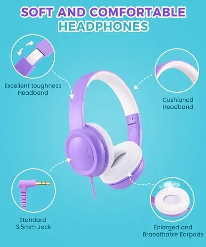 UKELALA C3 Kids Headphones Wired, On-Ear Wired Head Phones for Boys Girls with 3.5mm Jack, Foldable, Adjustable Headband, Child Headphone for School Home Airplane Tablet Purple - 2