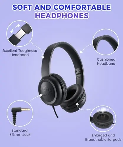 UKELALA C3 Kids Headphones Wired, On-Ear Wired Head Phones for Boys Girls with 3.5mm Jack, Foldable, Adjustable Headband, Child Headphone for School Home Airplane Tablet Black - 2
