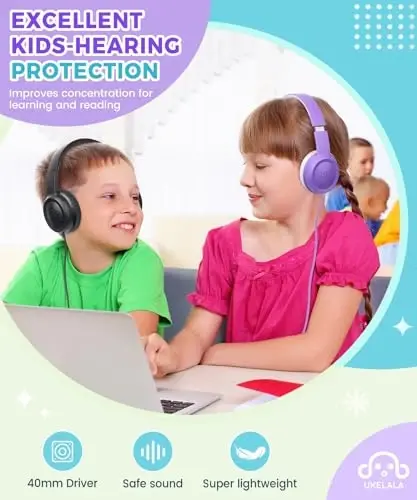 UKELALA C3 Kids Eshitish vositasi simli, o'g'il qizlar uchun 3,5 mm uyali, katlanadigan, sozlanishi boshcha, maktab uy samolyoti plansheti binafsha uchun bolalar eshitish vositasi - 5