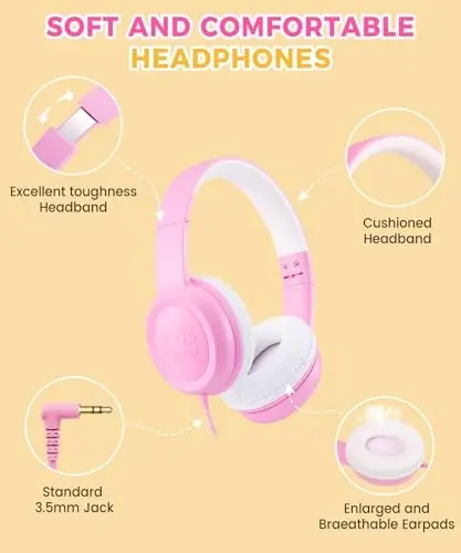 UKELALA C3 Kids Headphones Wired, On-Ear Wired Head Phones for Boys Girls with 3.5mm Jack, Foldable, Adjustable Headband, Child Headphone for School Home Airplane Tablet Pink - 2