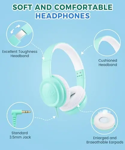 UKELALA C3 Kids Headphones Wired, On-Ear Wired Head Phones for Boys Girls with 3.5mm Jack, Foldable, Adjustable Headband, Child Headphone for School Home Airplane Tablet Teal - 2