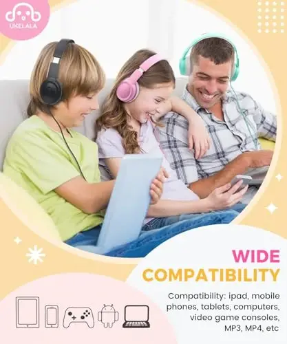 UKELALA C3 Kids simli naushnik simli, 3,5 mm jekli o'g'il qizlar uchun quloq ustidagi simli naushniklar, buklanadigan, sozlanishi bosh tasmasi, maktab uy samolyoti plansheti uchun bolalar naushniki pushti - 6