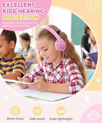 UKELALA C3 Kids simli naushnik simli, 3,5 mm jekli o'g'il qizlar uchun quloq ustidagi simli naushniklar, buklanadigan, sozlanishi bosh tasmasi, maktab uy samolyoti plansheti uchun bolalar naushniki pushti - 5