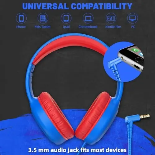 UKELALA Wired Headphones for Boys Portable On Ear Youth Headphones for School Airplane Travel Lightweight Compatible with Pad Computer Laptop for Adults Children Girls Kids Blue Red - 3