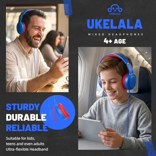 UKELALA Wired Headphones for Boys Portable On Ear Youth Headphones for School Airplane Travel Lightweight Compatible with Pad Computer Laptop for Adults Children Girls Kids Blue Red - 4