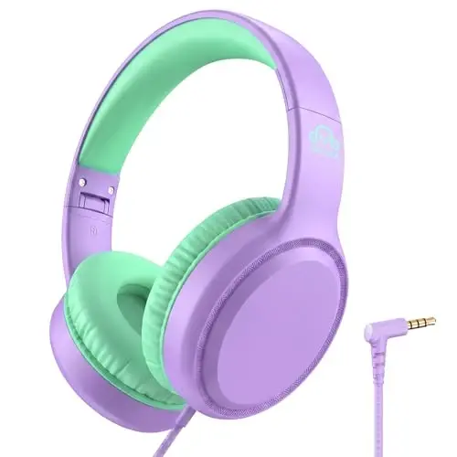 UKELALA Wired Headphones for Boys Portable On Ear Youth Headphones for School Airplane Travel Lightweight Compatible with Pad Computer Laptop for Adults Children Girls Kids Purple Green 
