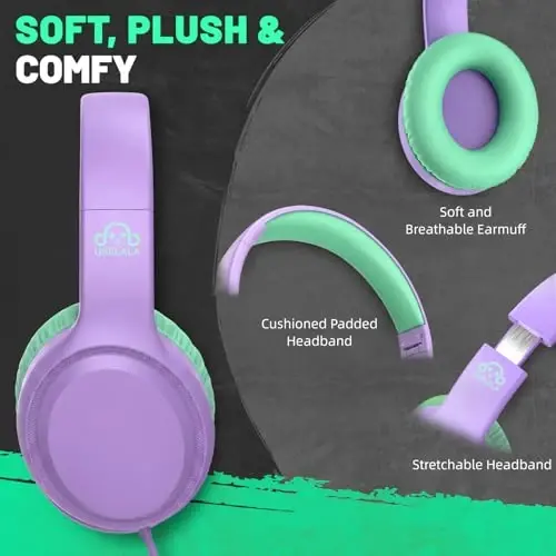 UKELALA Wired Headphones for Boys Portable On Ear Youth Headphones for School Airplane Travel Lightweight Compatible with Pad Computer Laptop for Adults Children Girls Kids Purple Green - UKELALA (1)