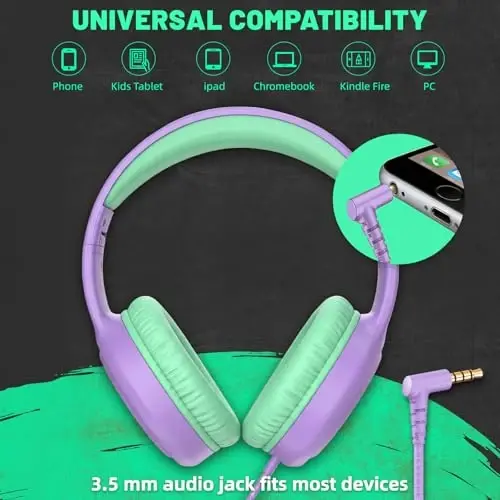 UKELALA Wired Headphones for Boys Portable On Ear Youth Headphones for School Airplane Travel Lightweight Compatible with Pad Computer Laptop for Adults Children Girls Kids Purple Green - 3