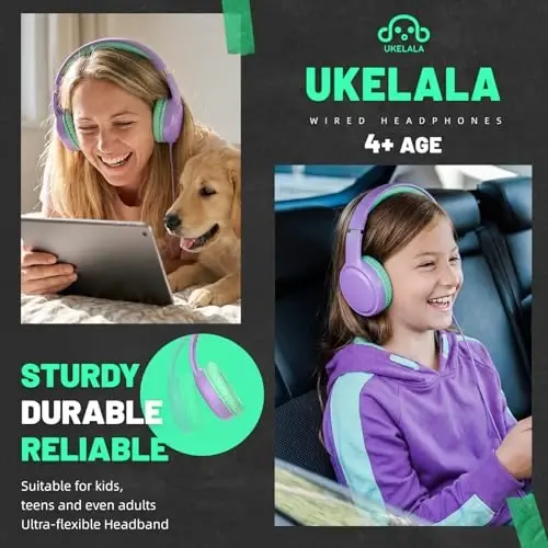 UKELALA Wired Headphones for Boys Portable On Ear Youth Headphones for School Airplane Travel Lightweight Compatible with Pad Computer Laptop for Adults Children Girls Kids Purple Green - 4