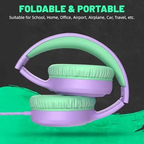 UKELALA Wired Headphones for Boys Portable On Ear Youth Headphones for School Airplane Travel Lightweight Compatible with Pad Computer Laptop for Adults Children Girls Kids Purple Green - 5