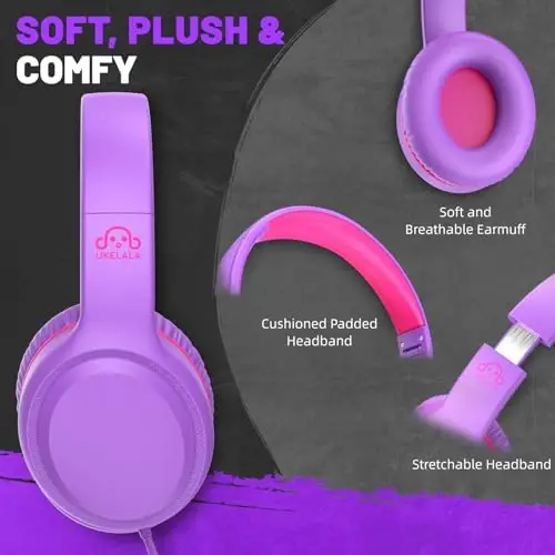 UKELALA Purple Wired Headphones for Boys Portable On Ear Youth Headphones for School Airplane Travel Lightweight Portable Compatible with Pad Computer Laptop for Adults Student Children Girls Kids - 2
