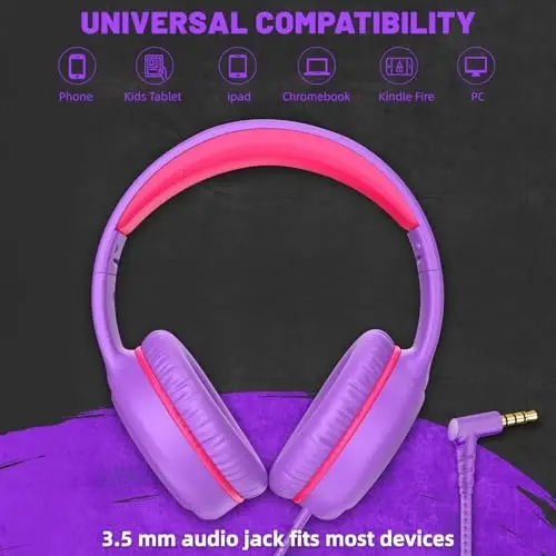 UKELALA Purple Wired Headphones for Boys Portable On Ear Youth Headphones for School Airplane Travel Lightweight Portable Compatible with Pad Computer Laptop for Adults Student Children Girls Kids - 3