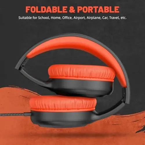 UKELALA Orange Wired Headphones for Boys Portable On Ear Youth Headphones for School Airplane Travel Lightweight Portable Compatible with Pad Computer Laptop for Adults Student Children Girls Kids - 5