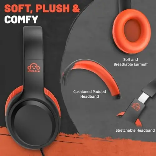 UKELALA Orange Wired Headphones for Boys Portable On Ear Youth Headphones for School Airplane Travel Lightweight Portable Compatible with Pad Computer Laptop for Adults Student Children Girls Kids - 2